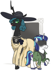 Size: 947x1295 | Tagged: safe, artist:jargon scott, derpibooru import, queen chrysalis, shining armor, changeling, changeling queen, pony, unicorn, bandage, bandaged leg, clothes, costume, dress, ethan winters (resident evil), female, frown, halloween, halloween costume, hat, hidden eyes, holiday, infidelity, jacket, jewelry, lady dimitrescu, lipstick, male, necklace, raised hoof, raised leg, resident evil 8, shining chrysalis, shipping, smiling, stallion, stitches, straight