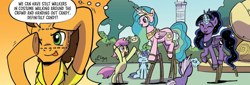 Size: 1316x447 | Tagged: safe, artist:pencils, derpibooru import, idw, cheese sandwich, earth pony, pony, spoiler:comic, spoiler:comic94, background pony, bipedal, clothes, costume, fake cutie mark, season 10, unnamed character