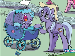 Size: 1029x768 | Tagged: safe, artist:pencils, derpibooru import, idw, earth pony, pony, unicorn, spoiler:comic, spoiler:comic94, baby, baby pony, background pony, crying, duo focus, female, foal, hat, mother and child, outdoors, parent and child, pram, season 10, unnamed character