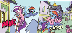 Size: 1310x612 | Tagged: safe, artist:pencils, derpibooru import, idw, rainbow dash, earth pony, pegasus, pony, spoiler:comic, spoiler:comic95, background pony, bedroom eyes, gasp, holding a pony, season 10, unnamed character, unsound effect