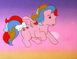 Size: 703x540 | Tagged: safe, derpibooru import, screencap, whizzer, pegasus, pony, twinkle eyed pony, g1, my little pony 'n friends, the glass princess, bow, cloud, cute, eye scar, female, flapping, flying, mare, open mouth, open smile, scar, sky, smiling, tail, tail bow, whizzabetes