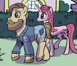 Size: 410x353 | Tagged: safe, artist:pencils, derpibooru import, idw, earth pony, pony, unicorn, spoiler:comic, spoiler:comic95, background pony, beard, clothes, facial hair, season 10, unnamed character