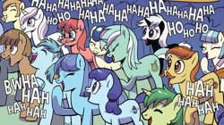 Size: 1364x766 | Tagged: safe, artist:pencils, derpibooru import, idw, bon bon, coco pommel, lyra heartstrings, sweetie drops, earth pony, pony, unicorn, spoiler:comic, spoiler:comic95, background pony, facial hair, season 10, unnamed character