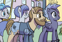 Size: 608x412 | Tagged: safe, artist:pencils, derpibooru import, idw, earth pony, pegasus, pony, spoiler:comic, spoiler:comic95, background pony, beard, clothes, eyepatch, facial hair, season 10, unnamed character