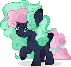 Size: 1920x1822 | Tagged: safe, artist:cirillaq, derpibooru import, oc, oc only, oc:night cloud, pegasus, pony, female, filly, folded wings, full body, lidded eyes, pegasus oc, poofy mane, poofy tail, raised hoof, raised leg, shadow, show accurate, simple background, solo, standing, tail, transparent background, wings