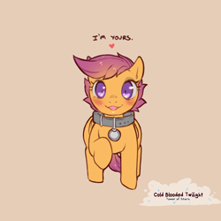 Size: 1200x1200 | Tagged: safe, artist:cold-blooded-twilight, derpibooru import, scootaloo, pegasus, pony, blushing, collar, dialogue, heart, heart eyes, looking at you, name tag, raised leg, simple background, slave, slave collar, wingding eyes