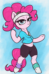 Size: 2000x3000 | Tagged: safe, artist:t72b, derpibooru import, pinkie pie, earth pony, pony, alternate hairstyle, bedroom eyes, belly button, bipedal, clothes, headband, looking at you, socks, workout outfit