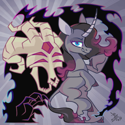 Size: 1198x1198 | Tagged: safe, artist:syriskater, derpibooru import, fhtng th§ ¿nsp§kbl, oleander, classical unicorn, demon, pony, unicorn, them's fightin' herds, cloven hooves, duo, female, leonine tail, magic, mare, skull, unshorn fetlocks