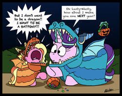 Size: 1024x806 | Tagged: safe, artist:bobthedalek, derpibooru import, luster dawn, starlight glimmer, pony, unicorn, candy, clothes, costume, crying, dragon costume, female, food, halloween, holiday, like father like daughter, like parent like child, luster dawn is starlight's and sunburst's daughter, mother and child, mother and daughter, mothers gonna mother, nightmare night, older, older starlight glimmer, pail, parent and child, trick or treat