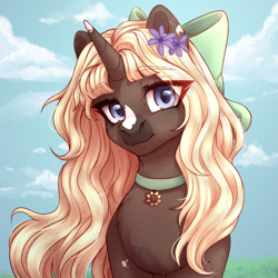 Size: 1500x1500 | Tagged: safe, artist:nika-rain, derpibooru import, oc, oc only, pony, unicorn, bust, choker, cloud, commission, cute, female, flower, flower in hair, head tilt, looking at you, mare, portrait, sketch, sky, smiling, smiling at you, solo
