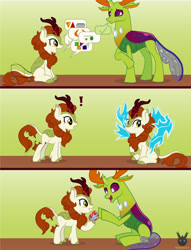 Size: 1870x2453 | Tagged: safe, artist:wheatley r.h., derpibooru exclusive, derpibooru import, autumn blaze, thorax, oc, changedling, changeling, kirin, ask, asking, bugs doing bug things, comic, fire, king thorax, mlp fim's eleventh anniversary, speech bubble, surprised, vector, watermark