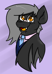 Size: 700x1000 | Tagged: safe, artist:tranzmuteproductions, derpibooru import, oc, oc only, oc:tranzmute, bat pony, pony, :d, abstract background, bandaid, bat pony oc, clothes, male, necktie, open mouth, open smile, smiling, solo, stallion, suit