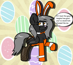 Size: 1000x884 | Tagged: safe, artist:tranzmuteproductions, derpibooru import, oc, oc only, oc:tranzmute, bat pony, pony, abstract background, bat pony oc, bowtie, bunny suit, clothes, crossdressing, cuffs (clothes), easter egg, fishnet stockings, male, raised hoof, raised leg, smiling, solo, stallion, talking