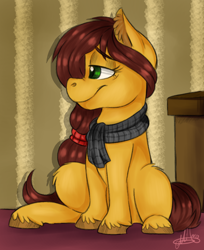 Size: 930x1140 | Tagged: safe, artist:millefaller, derpibooru import, oc, earth pony, pony, clothes, ear fluff, ears, earth pony oc, eyelashes, female, indoors, mare, scarf, sitting, smiling, unshorn fetlocks