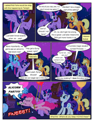 Size: 612x792 | Tagged: safe, artist:newbiespud, derpibooru import, edit, edited screencap, screencap, applejack, pinkie pie, rainbow dash, rarity, twilight sparkle, twilight sparkle (alicorn), alicorn, earth pony, pegasus, pony, comic:friendship is dragons, magical mystery cure, balloon, comic, dialogue, eyelashes, female, floating, hat, mare, night, outdoors, party horn, raised hoof, raised leg, screencap comic, stars, then watch her balloons lift her up to the sky