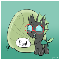 Size: 1458x1441 | Tagged: safe, artist:heretichesh, derpibooru import, oc, oc only, oc:yvette (evan555alpha), changeling, nymph, changeling egg, changeling oc, cute, cute little fangs, cuteling, dialogue, dorsal fin, egg, excited, exclamation point, eyelashes, fangs, female, filfil, filly, glasses, gradient background, green changeling, happy, looking at you, ocbetes, open mouth, open smile, round glasses, signature, simple background, smiling, smol, solo, speech bubble, text, younger