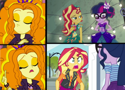 Size: 1784x1284 | Tagged: safe, derpibooru import, adagio dazzle, sci-twi, sunset shimmer, twilight sparkle, better together, equestria girls, forgotten friendship, legend of everfree, sunset's backstage pass!, text support, angry, furious, op is a cuck, rageset shimmer, shrunken pupils, smiling, smirk, smug, smugset shimmer, yelling