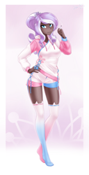 Size: 1308x2560 | Tagged: safe, alternate version, artist:slackerburst, derpibooru import, diamond tiara, human, alternate hairstyle, cigarette, clothes, commission, dark skin, hoodie, humanized, older, older diamond tiara, smoking, socks, solo, stocking feet, stockings, thigh highs