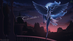 Size: 1500x844 | Tagged: safe, artist:terithes, derpibooru import, princess luna, alicorn, anthro, unguligrade anthro, absolute cleavage, accessories, balcony, bracelet, breasts, cleavage, clothes, eyelashes, female, glowing cutie mark, hoof shoes, hooves, jewelry, landing, large wings, legs, lidded eyes, lips, long legs, mare, moon, moonrise, night, pose, princess balloona, side slit, sideboob, smiling, solo, spread wings, sunset, tail, thighs, tiara, total sideslit, underass, windswept mane, windswept tail, wings