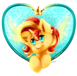 Size: 841x830 | Tagged: safe, artist:hemastral, derpibooru import, sunset shimmer, pony, blushing, bust, crown, cute, ear fluff, ears, heart, heart eyes, jewelry, leg fluff, portrait, regalia, shimmerbetes, simple background, solo, transparent background, wingding eyes, wings