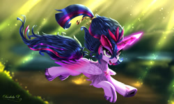 Size: 2000x1200 | Tagged: safe, artist:darksly, derpibooru import, twilight sparkle, twilight sparkle (alicorn), alicorn, pony, chest fluff, commission, flying, fusion, glowing, glowing horn, horn, keldeo, mythical pokémon, open mouth, pokémon, underhoof