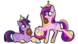 Size: 1745x981 | Tagged: safe, artist:ximsketchs, derpibooru import, princess cadance, twilight sparkle, twilight sparkle (alicorn), alicorn, pony, basket, crown, duo, female, heart, hoof shoes, jewelry, lying down, mare, mouth hold, no pupils, prone, regalia, simple background, sisters-in-law, transparent background