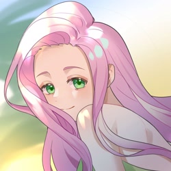 Size: 2362x2362 | Tagged: artist needed, source needed, safe, derpibooru import, fluttershy, human, beautiful, blushing, cute, female, humanized, lidded eyes, looking at you, shyabetes, smiling, solo