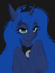 Size: 768x1024 | Tagged: safe, artist:sacarver, artist:sacrver, derpibooru import, princess luna, alicorn, pony, chest fluff, female, hooves to the chest, lidded eyes, looking at you, mare, ponytober, solo