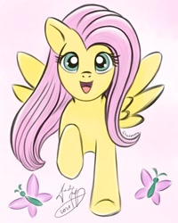 Size: 720x900 | Tagged: safe, artist:kalabash92, derpibooru import, part of a set, fluttershy, butterfly, pegasus, pony, cute, daaaaaaaaaaaw, excited, female, looking at you, mare, open mouth, raised hoof, raised leg, shyabetes, signature, simple background, smiling, solo, spread wings, wings