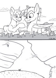 Size: 761x1050 | Tagged: safe, artist:tsitra360, derpibooru import, oc, oc:blazing cobalt, oc:brightmind, alicorn, human, pony, unicorn, city, hooves, macro, macro/micro, monochrome, plane, smug