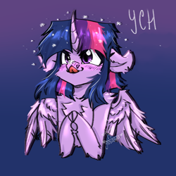 Size: 2000x2000 | Tagged: safe, artist:glotasha, derpibooru import, twilight sparkle, twilight sparkle (alicorn), alicorn, pony, art, blushing, chest fluff, commission, cute, ears, floppy ears, illustration, snow, solo, wings, your character here