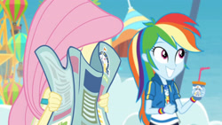 Size: 3410x1920 | Tagged: safe, derpibooru import, screencap, fluttershy, rainbow dash, better together, equestria girls, rollercoaster of friendship, clothes, cute, cutie mark, cutie mark on clothes, dashabetes, eyes closed, female, geode of super speed, grin, high res, hoodie, jewelry, magical geodes, necklace, smiling