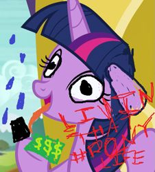 Size: 651x719 | Tagged: safe, derpibooru import, edit, edited screencap, screencap, twilight sparkle, 1000 hours in ms paint, album cover, hashtag, money, rain, text, tongue, tongue out, wide eyes