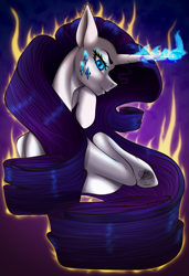 Size: 1577x2300 | Tagged: safe, artist:flabight568, derpibooru import, rarity, pony, unicorn, blue eyes, blue mane, bust, colored pupils, eyelashes, female, flowing mane, glowing, glowing horn, hooves, horn, logo, long mane, magic, magic aura, simple background, smiling, solo, stars, teeth