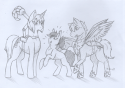 Size: 2251x1589 | Tagged: safe, artist:xtaibufox, derpibooru import, oc, oc only, bat pony, pegasus, pony, unicorn, monochrome, traditional art