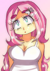 Size: 665x943 | Tagged: safe, artist:araiiara123, derpibooru import, fluttershy, equestria girls, breasts, bust, cleavage, clothes, cute, cutie mark accessory, cutie mark hair accessory, daaaaaaaaaaaw, eyebrows, eyebrows visible through hair, female, hair accessory, hootershy, shyabetes, solo