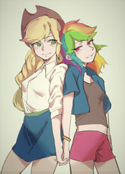 Size: 590x826 | Tagged: safe, artist:abyssstarburst, derpibooru import, applejack, rainbow dash, human, appledash, female, holding hands, humanized, lesbian, shipping