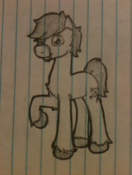 Size: 1536x2048 | Tagged: safe, artist:zombietator, derpibooru import, oc, oc only, oc:chaos, pony, lineart, lined paper, male, raised hoof, raised leg, smiling, solo, stallion, traditional art, unshorn fetlocks