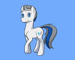 Size: 5000x4000 | Tagged: safe, artist:zombietator, derpibooru import, oc, oc only, pony, unicorn, blue background, horn, male, raised hoof, raised leg, simple background, smiling, solo, stallion, unicorn oc