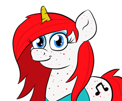 Size: 1100x912 | Tagged: safe, artist:tranzmuteproductions, derpibooru import, oc, oc only, oc:red note, pony, unicorn, acne, clothes, eyelashes, female, horn, mare, music notes, simple background, smiling, solo, transparent background, unicorn oc