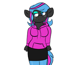 Size: 1100x955 | Tagged: safe, alternate version, artist:tranzmuteproductions, derpibooru import, oc, oc only, oc:scribbler, anthro, earth pony, clothes, earth pony oc, female, makeup, shorts, solo