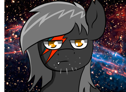 Size: 1100x800 | Tagged: safe, artist:tranzmuteproductions, derpibooru import, oc, oc only, bat pony, pony, bat pony oc, bust, frown, male, solo, space, stallion, stars, tattoo