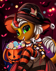Size: 2550x3209 | Tagged: safe, artist:pridark, derpibooru import, oc, oc only, kirin, bow, candy, clothes, commission, costume, food, halloween, halloween costume, hat, holiday, kirin oc, pumpkin, pumpkin bucket, socks, solo, striped socks, witch hat, ych result