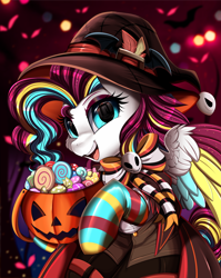Size: 2550x3209 | Tagged: safe, artist:pridark, derpibooru import, oc, oc only, pegasus, pony, bow, candy, clothes, commission, costume, food, halloween, halloween costume, hat, holiday, pegasus oc, pumpkin, pumpkin bucket, socks, solo, striped socks, witch hat, ych result