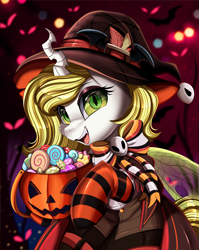 Size: 2550x3209 | Tagged: safe, artist:pridark, derpibooru import, oc, oc only, changeling, bow, candy, changeling oc, clothes, commission, costume, food, halloween, halloween costume, hat, holiday, pumpkin, pumpkin bucket, socks, solo, striped socks, white changeling, witch hat, ych result, yellow changeling