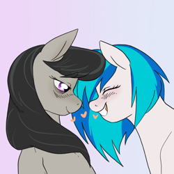 Size: 2048x2048 | Tagged: safe, artist:aztrial, derpibooru import, dj pon-3, octavia melody, vinyl scratch, earth pony, pony, unicorn, blushing, cute, eyes closed, female, floating heart, gradient background, grin, heart, lesbian, scratchtavia, shipping, smiling