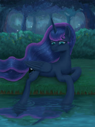 Size: 3543x4724 | Tagged: safe, artist:lin feng, derpibooru import, princess luna, alicorn, pony, absurd resolution, ethereal mane, ethereal tail, female, forest, horn, looking down, lying down, mare, night, outdoors, prone, river, solo, water, wings