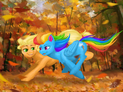 Size: 500x375 | Tagged: safe, artist:秋水, derpibooru import, applejack, rainbow dash, earth pony, pegasus, pony, appledash, autumn, eye contact, female, forest, leaves, lesbian, looking at each other, mare, open mouth, open smile, running, shipping, smiling, smiling at each other, tree