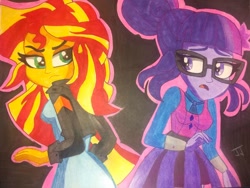 Size: 1024x768 | Tagged: safe, artist:nanofam, derpibooru import, sci-twi, sunset shimmer, twilight sparkle, equestria girls, friendship games, female, scene interpretation, traditional art