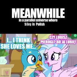 Size: 500x501 | Tagged: safe, derpibooru import, edit, edited screencap, screencap, gallus, silverstream, classical hippogriff, griffon, hippogriff, the hearth's warming club, dialogue, female, gallstream, jewelry, male, necklace, pierogi, poland, polish, shipping, straight, text